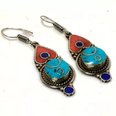 Turquoise Coral Lapis Lazuli Gemstone Drop/Dangle Earrings Nepali 2.50  SR 5010 • $5.99