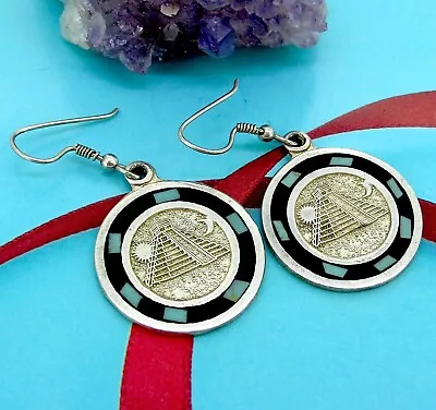 Vintage Mexico Sterling Silver Mayan Pyramid Dangle Round Earrings • $28.75