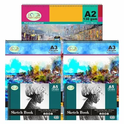 (Set Of 5) A2 A3 & A5 Spiral Sketch Pads 130gsm White Paper Drawing Artist Book • £17.79