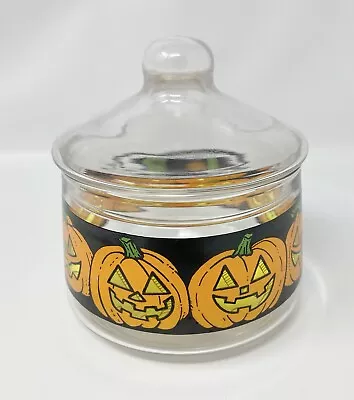 Vintage Halloween Glass Candy Dish Jar W/Lid Jack-O’-Lantern Pumpkin 1980s • $11.99