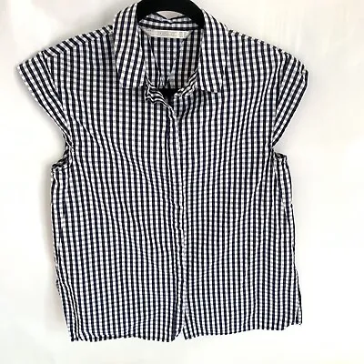 Zara Trafaluc Navy Blue White Check Cap Sleeve Button Front Shirt Top XS • $14.50