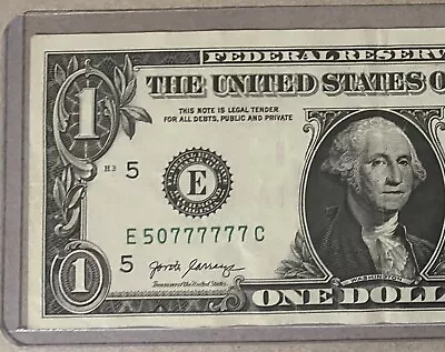 50777777 Fancy’s Serial Number $1 Dollar Bill Trinary Note 6 In A Row 7s • $50