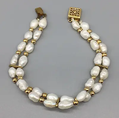 Rice Baroque Pearl Bracelet 2 Strands Dainty 14k 1/20 Gold Filled Box Clasp Vtg • $58.74