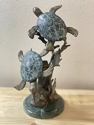 Gallery BRASS SEA TURTLES And FISH Sculpture W/ Green MARBLE Base Gorgeous • $75