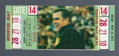 $34 • Buy 1972 Ncaa Miami Hurricanes @ Notre Dame Fighting Irish Football Full Ticket  