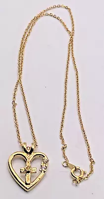 Vintage Gold Tone Cross In Heart Pendant Necklace • $9.99