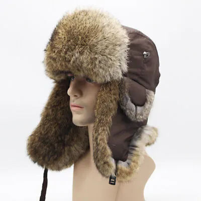 Real Rabbit Fur Ushanka Trapper Hat Earflap Ski Cap Russian Hunter Winter Warm • £24.59