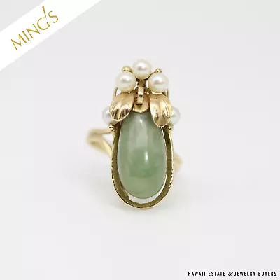 MING'S 7.5g GREEN JADE AND PEARL RING SIZE 5.5 • $1300