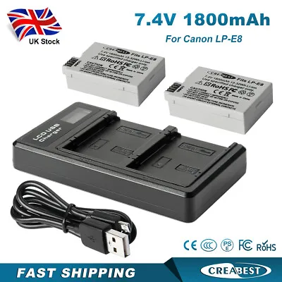 2Pcs 1.8Ah LPE8 LP-E8 Battery+LCD Charger For Canon EOS 550D 600D 700D Kiss X4 • £23.95