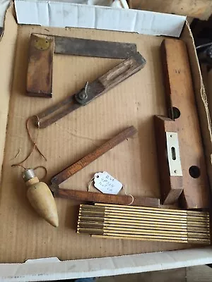 Lot Of Vintage Wooden Tools Square Levels Tape Measure Rulers • $32