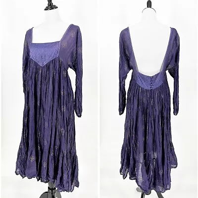 Vintage 70s ADINI Indian Cotton Gauze Maxi Dress Purple Floral Print Size S • $265
