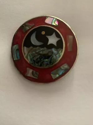 Vintage Alpaca Mexico Abalone Moon/Star Inlay Circle Brooch • $18.70