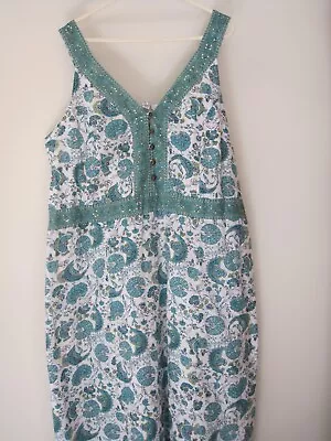 FUSIONS EAST MAXI DRESS Sz 22 GREEN INDIAN BOHO PRINT SEQUINS BUGLE BEADS LINED • $55.99