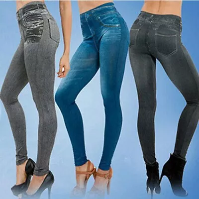 Women High Waist Capri Leggings Faux Denim Slim Jeans Butterfly Printed Pants • £12.79