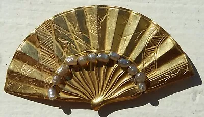 Vtg MIRIAM HASKELL Gold Tone FAN BROOCH PIN W/ FAUX BAROQUE PEARLS MARKED Lot E • $11.50