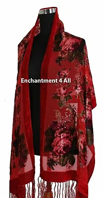 Elegant 100% Silk Burnout Velvet Vintage Floral Oblong Scarf Shawl Wrap Red • $27.99