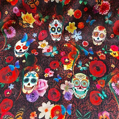 Mexican Skull Fabric - Red Velvet Mexican Calavera Punk Upholstery Curtains • £2.49