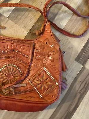 Vintage  New Moroccan Leather Shoulder Bag Hand Tooled Fringe Authentic • $28