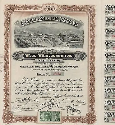 MEXICO LA BLANCA MINING COMPANY BOND Stock Certificate 1922 W/COUPONS  • $39.99