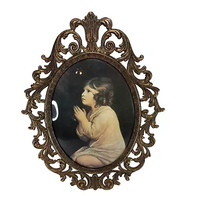 Vintage Ornate Oval Convex Bubble Glass Frame W/ Praying Girl Picture  11 X 13 • $34.95