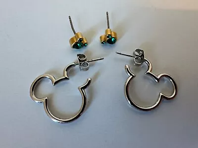 Disney Mickey Mouse Hoop Earrings (Sliver Plated) & Gold Simulated Emerald Studs • $12.99