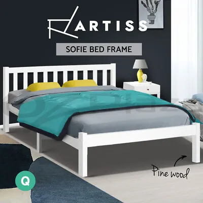 Artiss Bed Frame Queen Size Wooden Mattress Base Timber Platform White SOFIE • $177.95