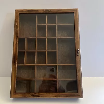 VINTAGE WOOD SHADOW BOX SHELF DISPLAY WALL CABINET W/HINGED GLASS DOOR 16  X 12  • $49.99