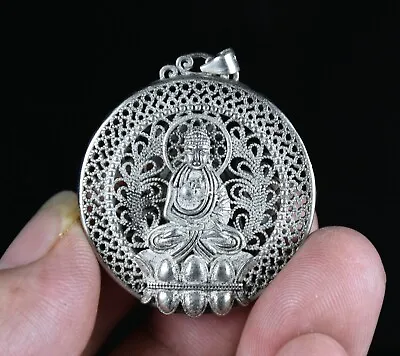 4CM Rare Old Chinese Miao Silver Buddhism Sakyamuni Buddha Pendant Necklace • $12