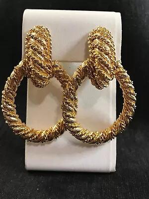 Vintage 1980s Era LES BERNARD Large Runway Gold Tone Door Knocker Clip Earrings • $93.50