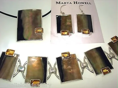 Marta Howell 925 Silver BlackLip MoP Shell Citrine Earrings Pendant Bracelet Set • $650