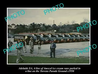 OLD 8x6 HISTORIC PHOTO OF ADELAIDE SA LINE UP OF AMSCOL ICE CREAM TRUCKS 1950 • $9