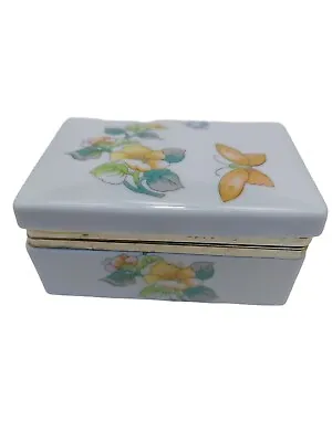 Porcelain Trinket Box Hinged Lid Floral Butterflies Made In Japan 3 1/2  White • £10.59