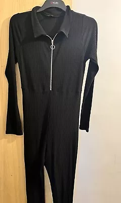 Boohoo Collared Black Ribbed Jumpsuit Size 18 • £10