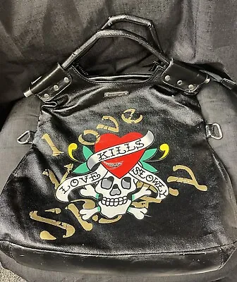 ED HARDY  LOVE KILLS SLOWLY Heart And Skull Sequin Black PU Leather Tote Bag NWD • $34.99