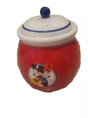 Disney Mickey & Minnie Mouse Red White Blue Ceramic Cookie Jar With Lid Vintage • $10.50