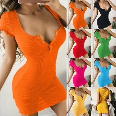 $17.75 • Buy Sexy Women Buttons V-Neck Bodycon Mini Dress Short Sleeve Dresses Party Clubwear