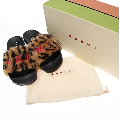 Marni NWB Logo Faux Fur Open Toe Slide Sandals Size 39 US 9 Black/Leopard Print • $314.99