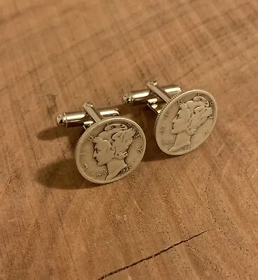 $16 • Buy Mercury Dime 90% Silver Coin Jewelry Cuff Links-Handmade-Vintage