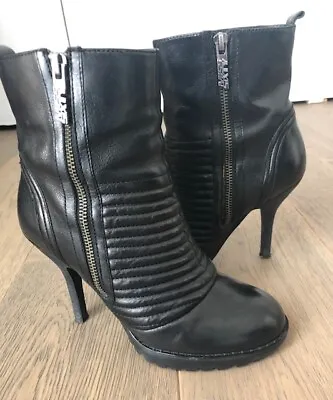 $365 Miss Sixty Black 100% Leather Ankle Outside Zipper Boots  = Size 37.5 • $24.99