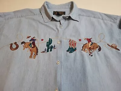 VTG Eddie Bauer Shirt Mens M Embroidered Rodeo Western Cowboy Denim Button Up • $26.60