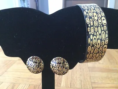 Signed STEINBOCK Austria Wien Gold & Black Enameled Bangle Bracelet & Earrings • $111