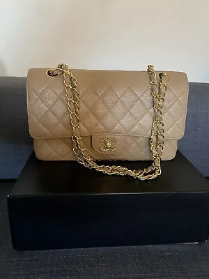 Chanel Classic Beige Double Flap Gold Hardware Caviar Bag • £4300