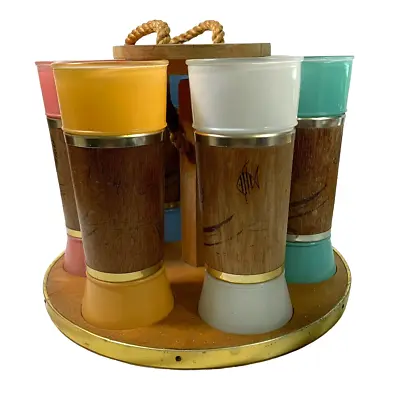 Vintage Siesta Ware Luau Tiki Barware Cocktail Set 6 Glasses Carrier • $62
