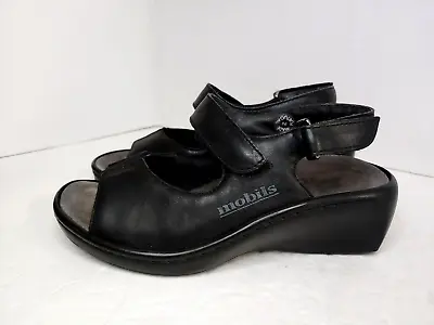 Mephisto Mobils Women's 36 Wedge Heels 3441 Black Leather Slingback Sandals • $19.95