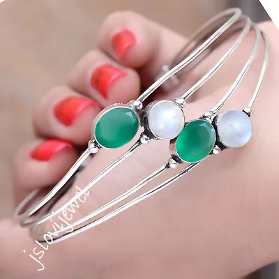 Green Onyx Moonstone Gemstone Bangle 925 Sterling Silver Best Design Bracelet • $20.14