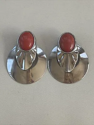 Vintage Large 80-90’s Red Stone Silver Tone Pierced Earrings Mirror Style Look • $15