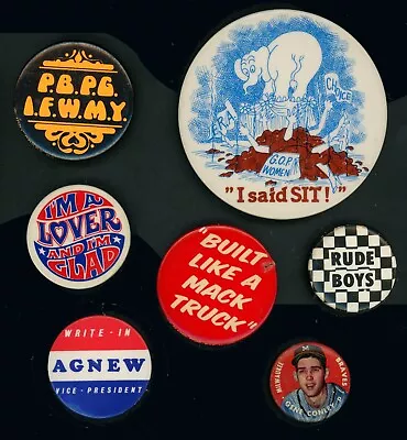Vintage Pinback Group 1950s-1980s THE CLASH / Women's Cause ERA / AGNEW Write-In • $5