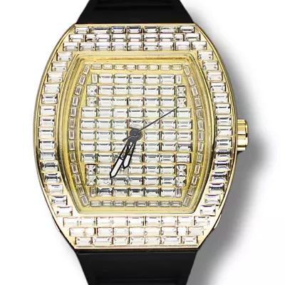 Men's Iced Chandelier 43mm Cz Big Face Gold Plated Silicone Band Quartz Watch • $34.99