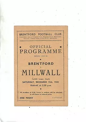 Football Programmes  League 15/12/45  Brentford V Millwall • £6