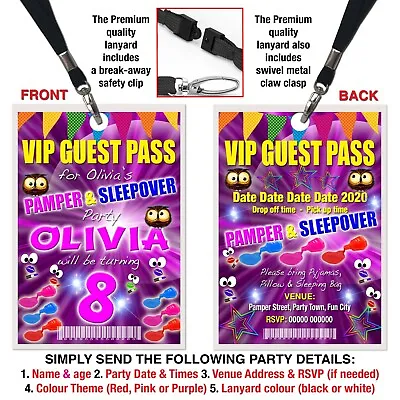 SLEEPOVER PAMPER INVITATION LANYARD VIP PASS Birthday Party Purple Pink Or Red • £1.95